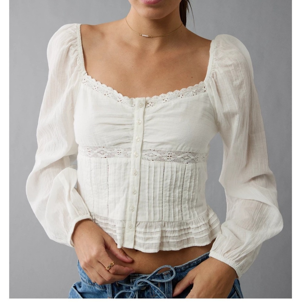 American Eagle White Lace Pintuck Peasant Blouse Long Sleeve Smocked Top M